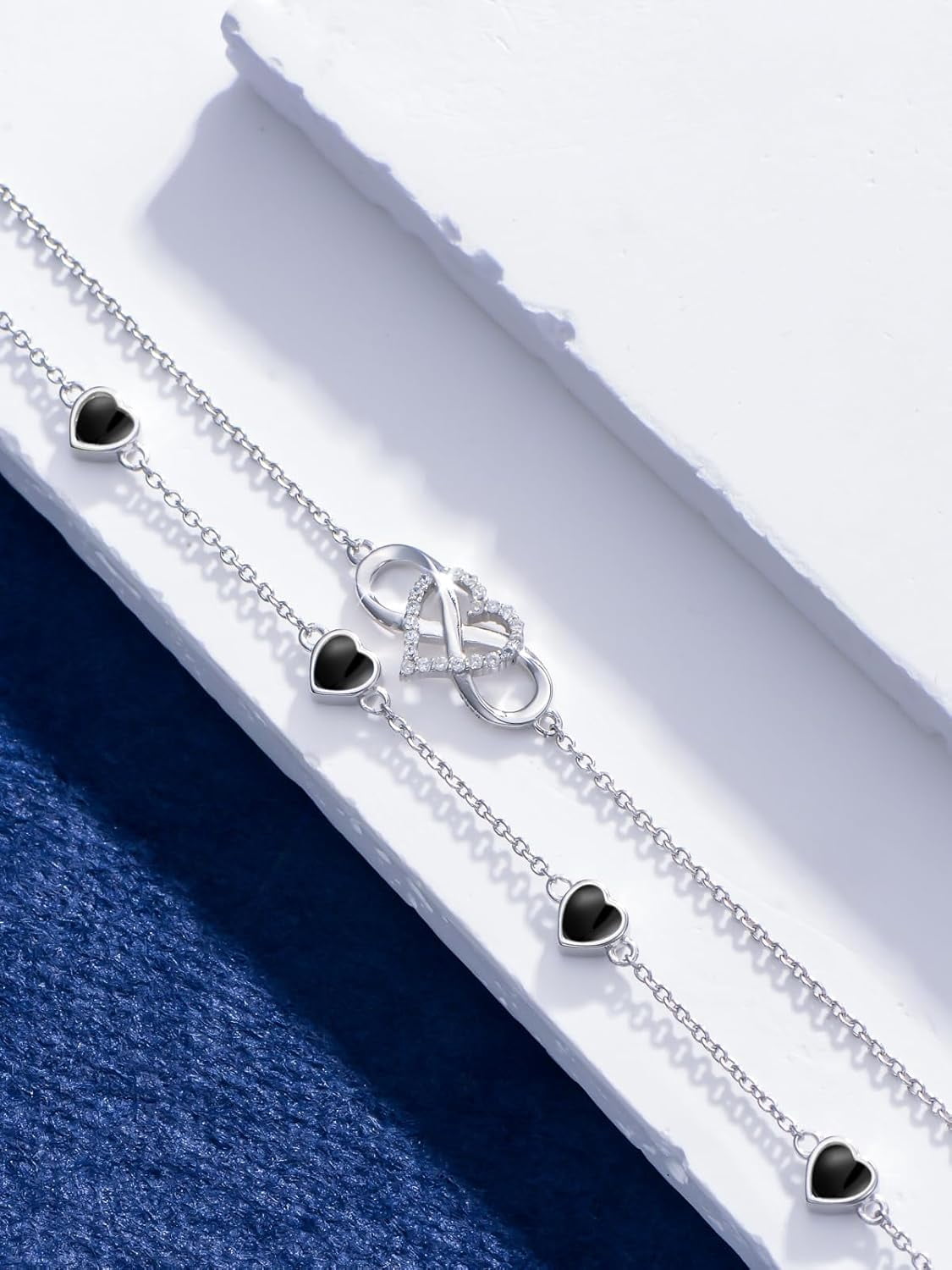Infinity Black Onyx Bracelet 925 Sterling Silver Double Strand Heart Black Onyx Bracelet Birthday Jewelry Gift for Wife Women Mother,Chain Length 7"+2" Extend