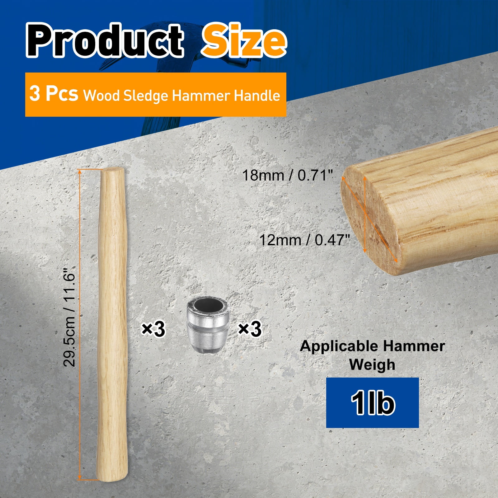 Uxcell 3pcs Wood Sledge Hammer Handle 11.6" Hammer Wooden Replacement Handles with Round Wedges for 1lb Round Octagonal Head Decking Framing Carpentry Construction DIY Sledge Axe Tool