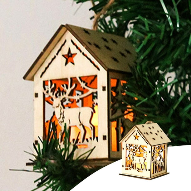 Adorno navideño de madera con forma de casa y luces LED | Colgante para árbol | Decoración para ventana a pilas | Pequeño regalo para niños | Decoración navideña para el hogar