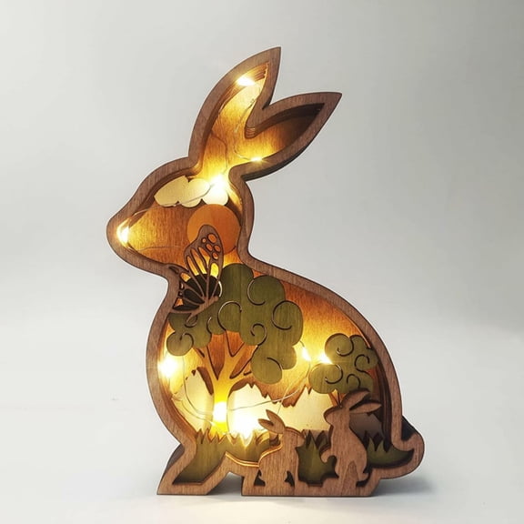 3D Wood Carving Animals Lamp Home Decorative, Cute Bunny Wolf Cat Family Presents Ideas Easter Birthday Living Room (Rabbit)