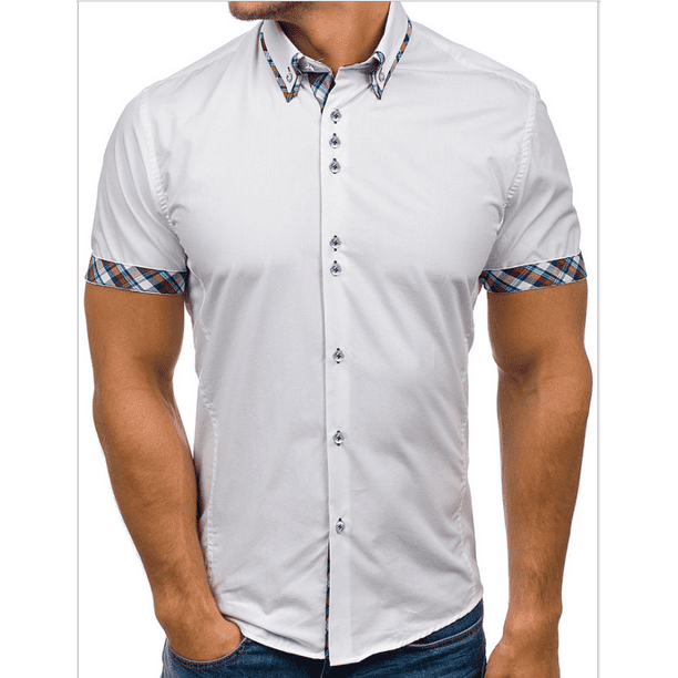 lioraitiin - Men's Summer Casual Dress Shirt Men's Plaid Short Sleeve ...