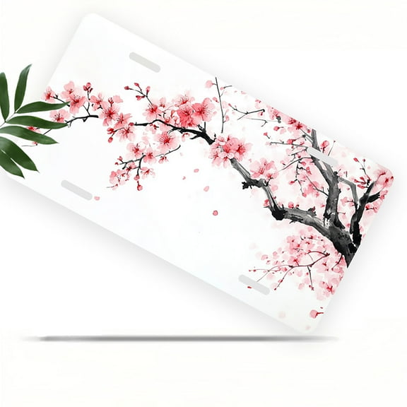 License Plate, Pink Cherry Blossom Branch Decorative Front,Personalized Stainless Steel License Plate Cover For Men Women,12.2" X 6.2"