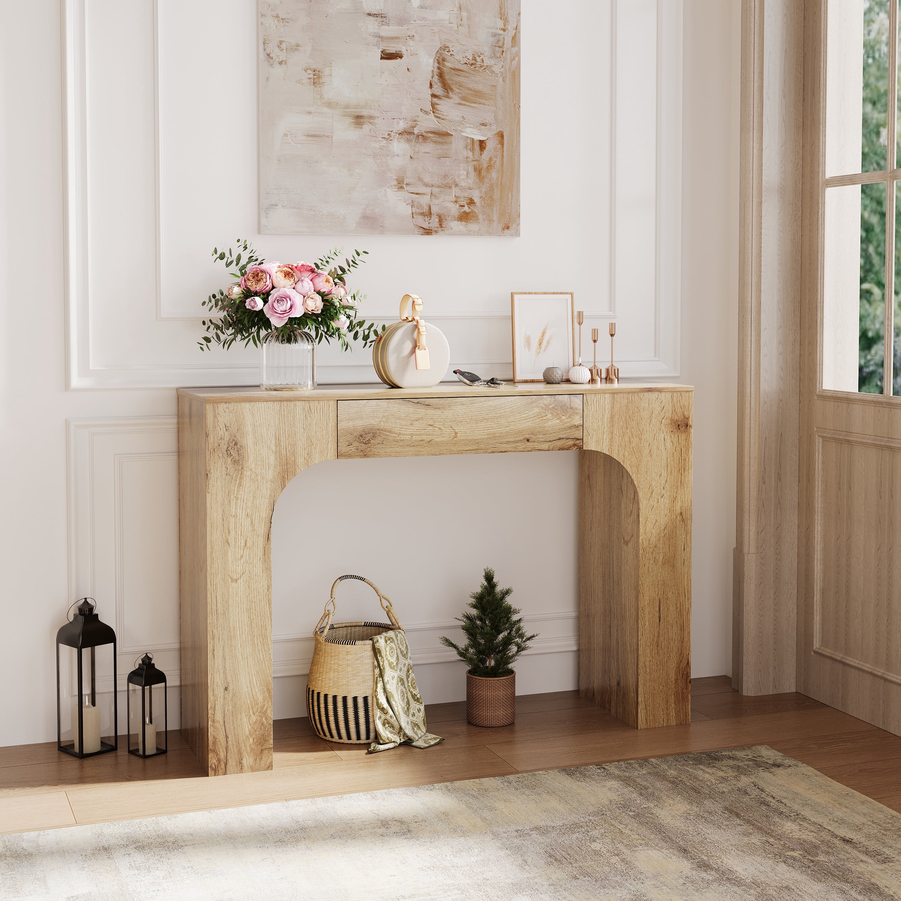 47" Long Console Table with Drawer, Narrow Entryway Table with Anti-Tipping Kit, Farmhouse Walnut Sofa Table for Hallway, Living Room, TV Stand, Chate Cracked Oak
