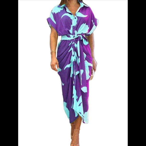 Vestido Camisero Fruncido con Botones para Mujer, Corta, Solapa, Cuello en V, Elegante Vestido Maxi Floral de Fiesta con Cinturón Púrpura XXL