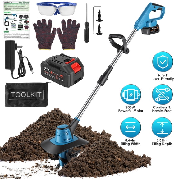 Moclever 800W 21V Cordless Tiller Cultivator 3.0Ah Battery Powered Tiller with 8.66" Width 6.69" Depth Manganese Steel Tines