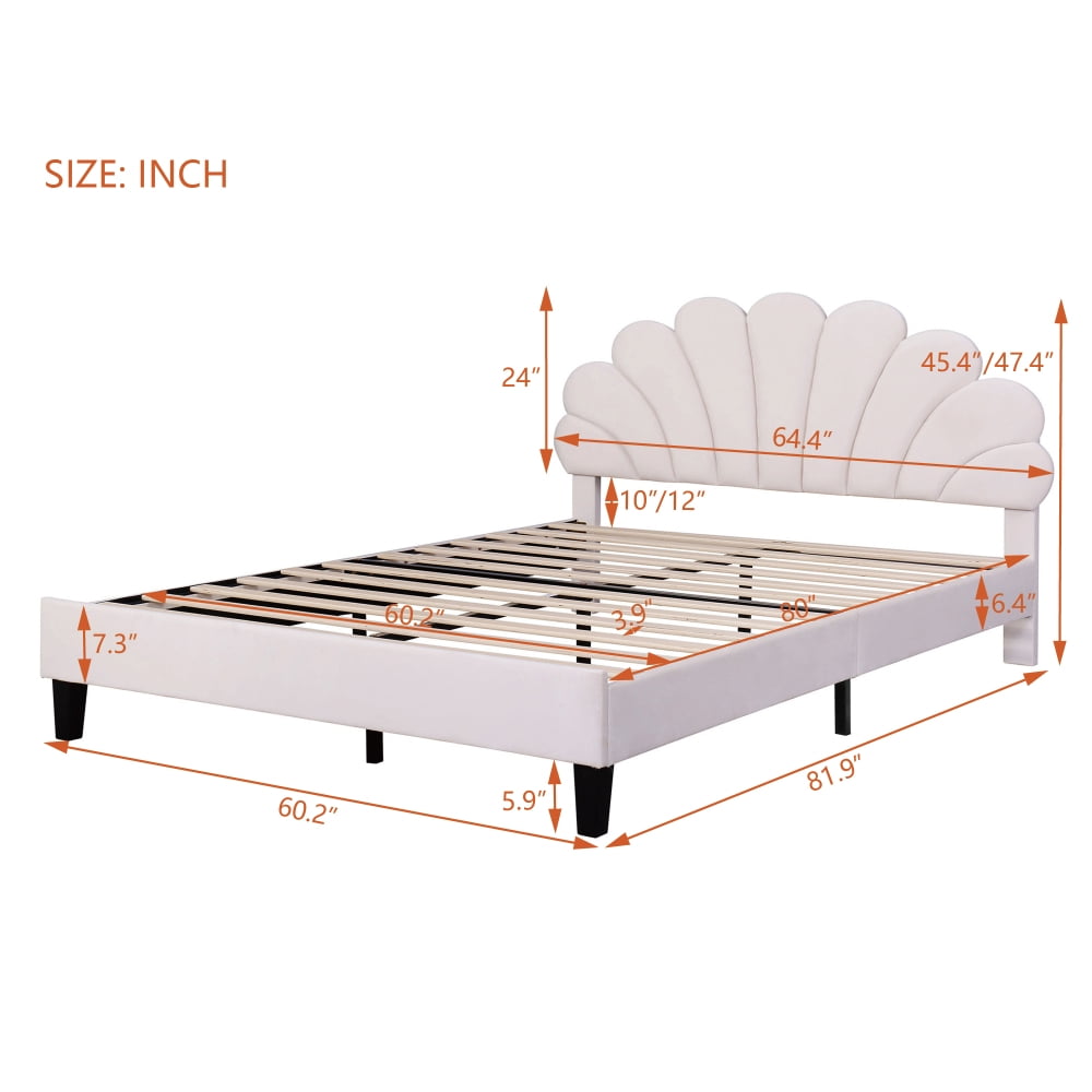 Queen Size Upholstered Platform Bed with Flower Headboard,Velvet Bed Frame for Kids Boys Girls,Beige
