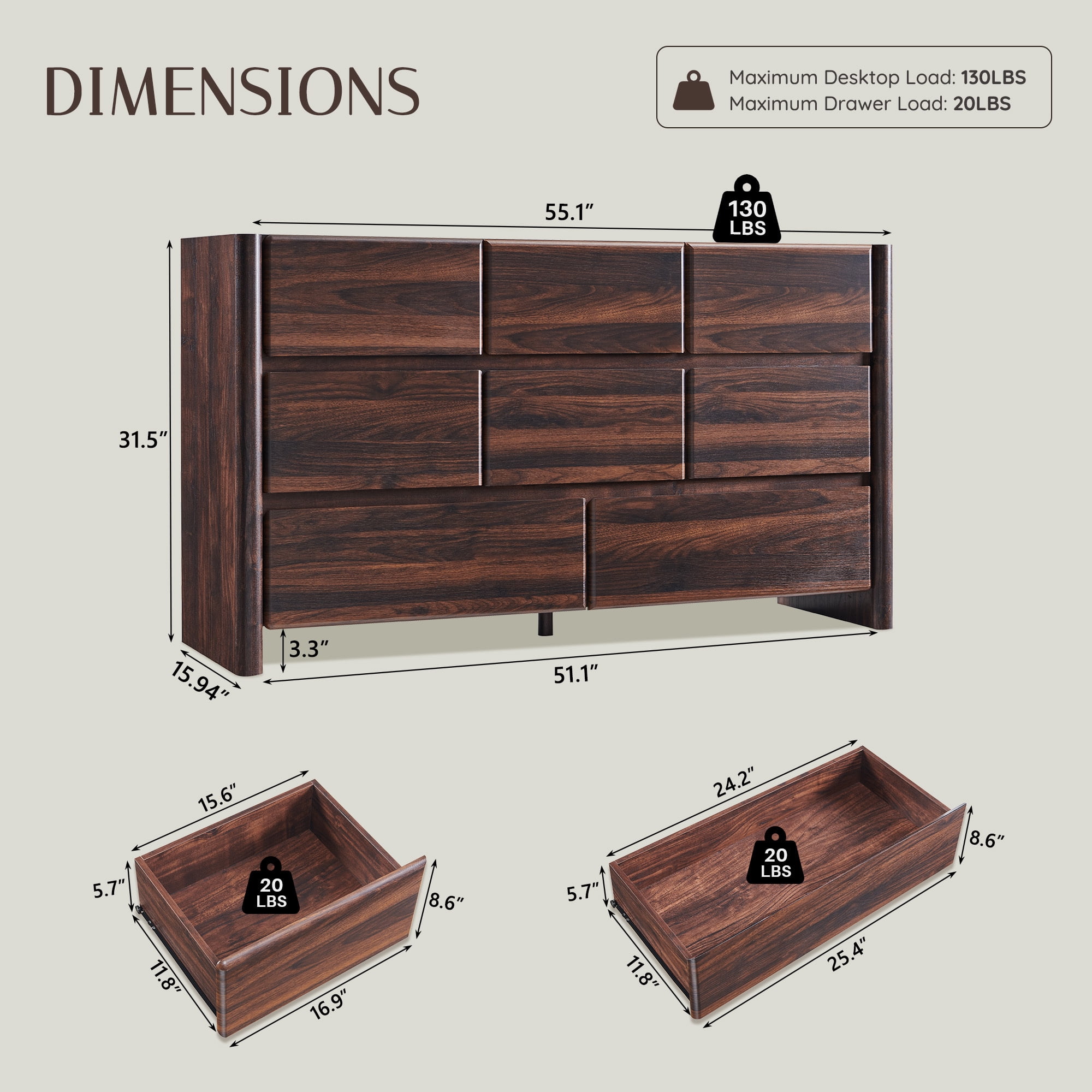 wow97e Modern 8 Drawers Dresser for Bedroom, 55" Wide Wood Chest of Drawers w/Rounded Corner & Handless Design for Living Room, Brown
