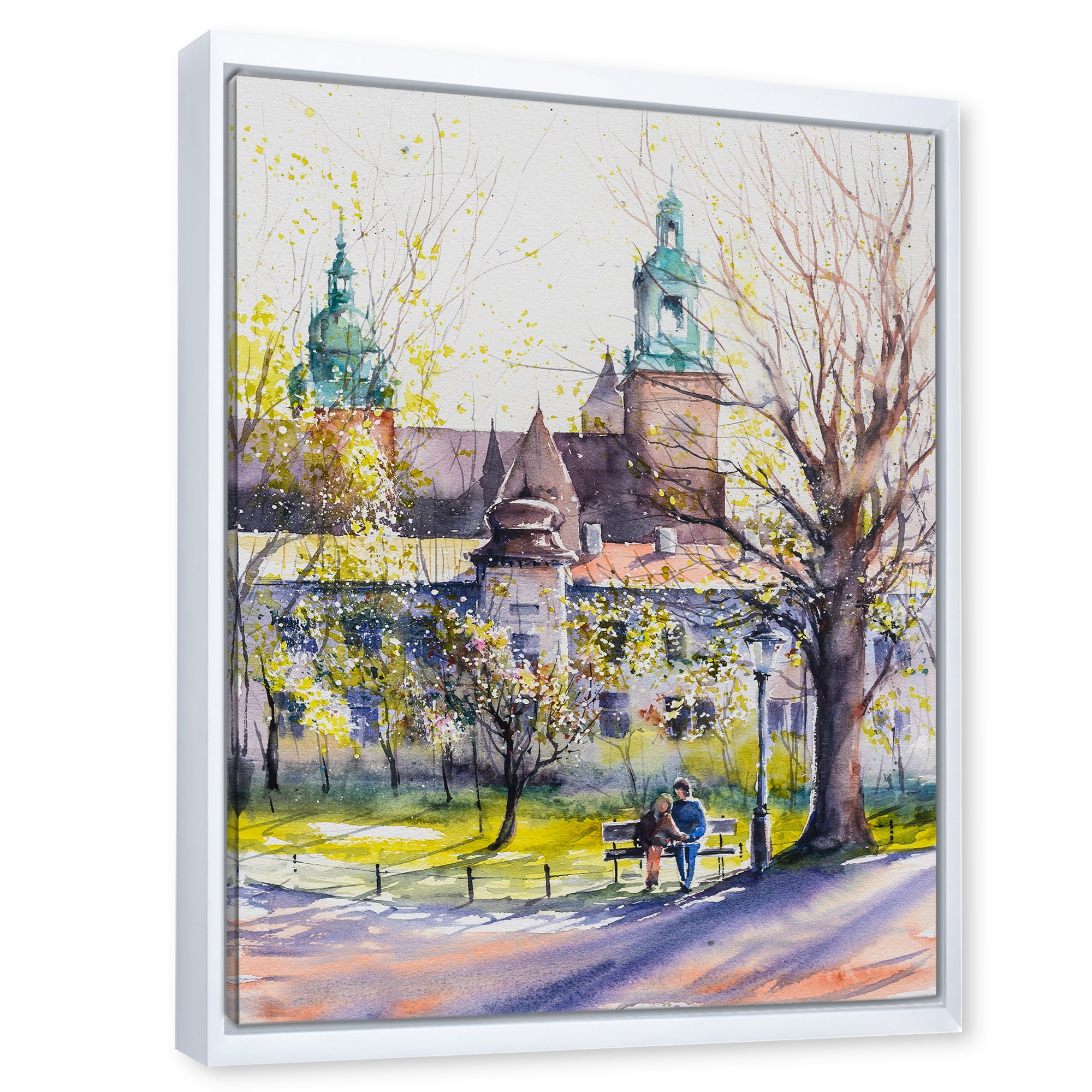 Designart 'Castel Through The Trees of The Park With Couple Sitting on Bench' Country Framed Canvas Wall Art Print