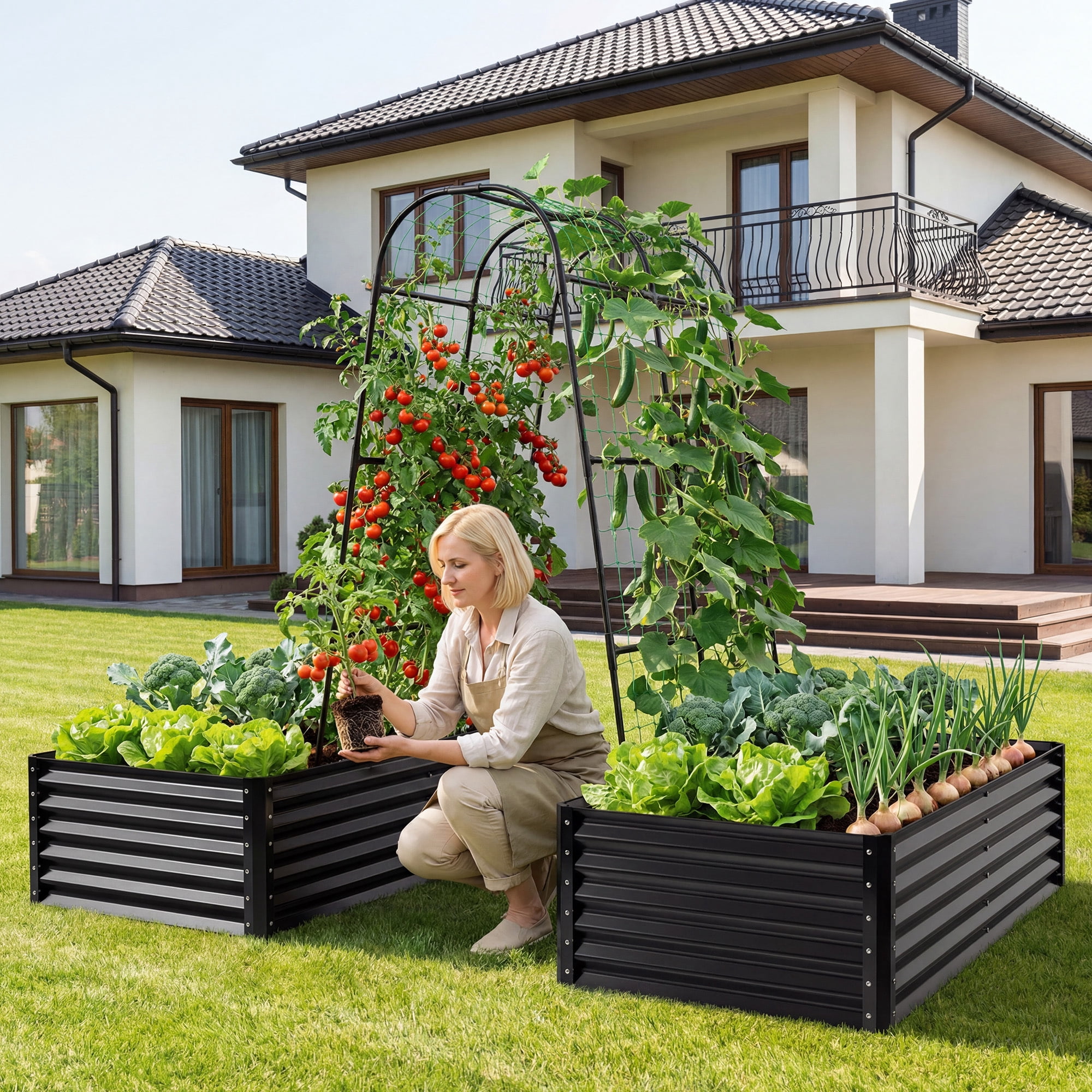 Uforic 2-Pack Galvanized Raised Garden Bed 6x3x1.5ft with Trellis, Gloves, Outdoor Planter Box Black