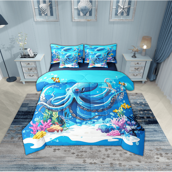 Erosebridal Blue Octopus Bedding Sets Twin Size,Marine Animal Comforter Sets with Sheets,Ultra Soft Reversible Bed in a Bag Twin size,Ocean Theme Decor,7pcs