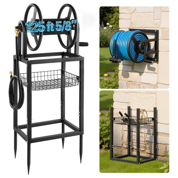 VEVOR Freestanding Garden Hose Reel, Holds 125 Feet of 5/8-inch Hose, Wall Mount or Ground Mount, Detachable Holder Stand with Storage Rack, 5 ft Leader Hose, Brass Fitting, 4 Spikes, for Backyards