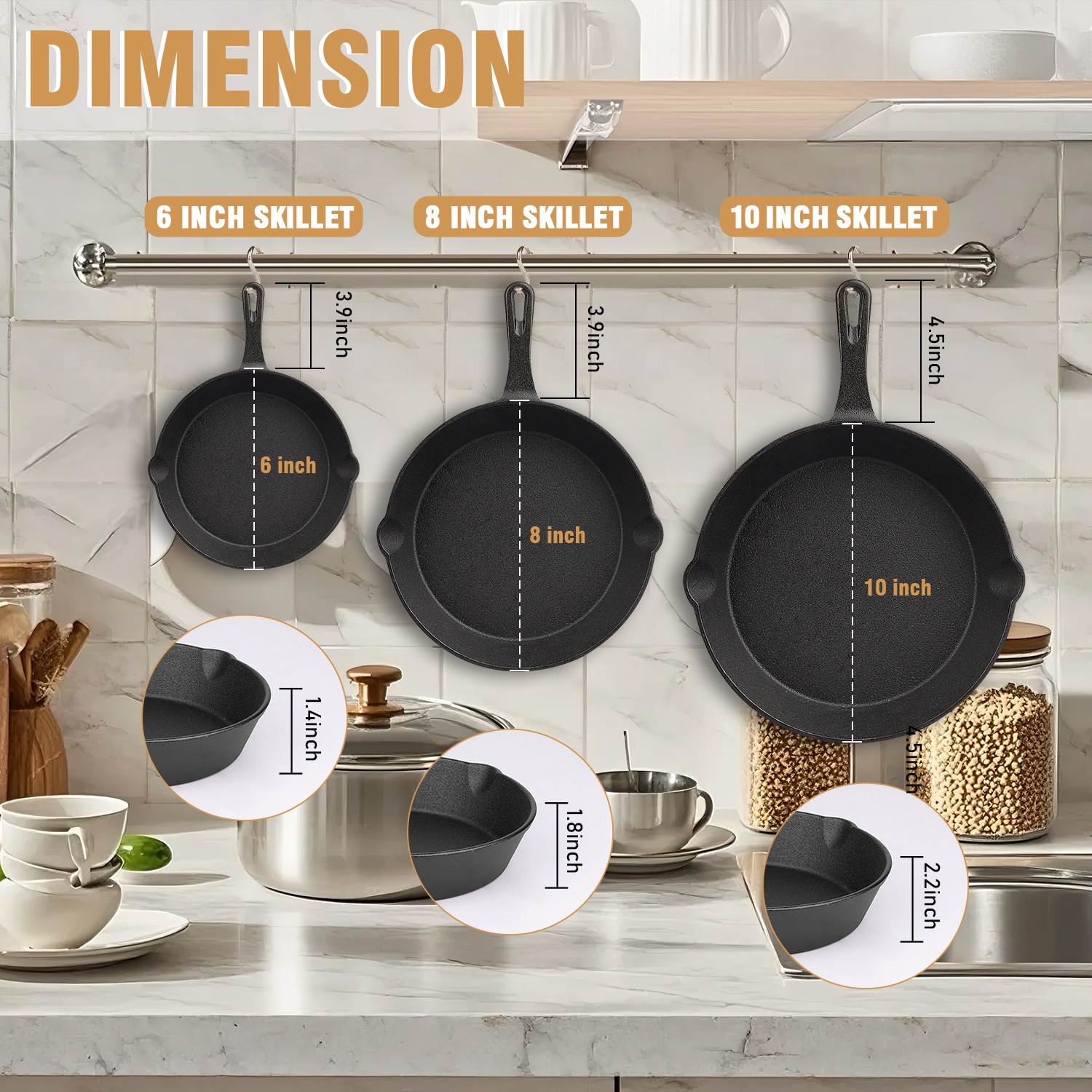 TAIMASI Cast Iron Skillet Set, 3-Piece, Pre-Seasoned, 6" 8" 10" photo 4