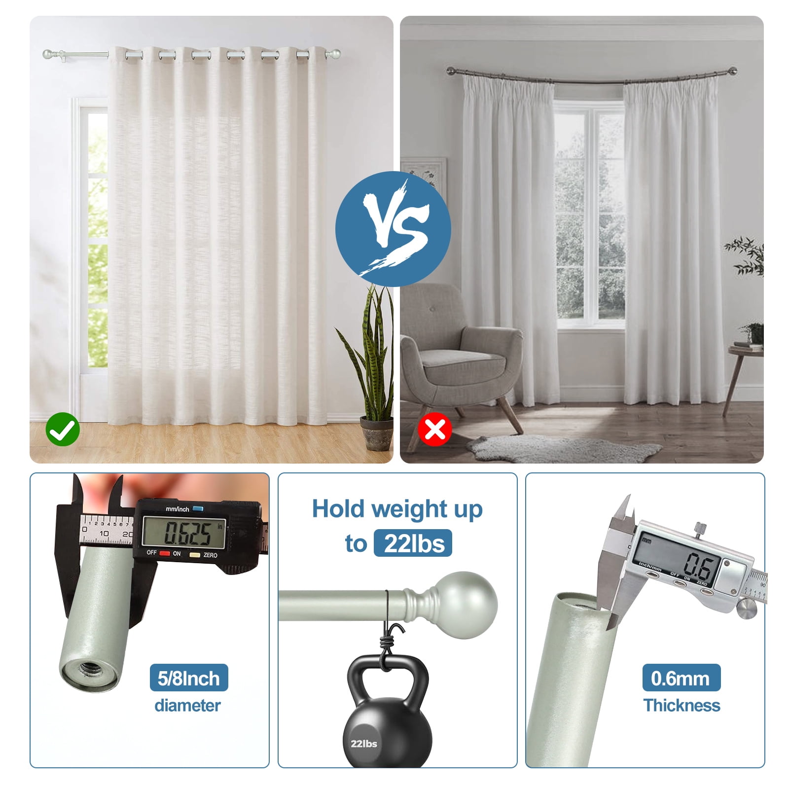 Urbanest Adjustable Double Curtain Rod Set Metal with Decorative Ball Finials, Heavy-Duty, 48"-84", Antique Silver/Pewter