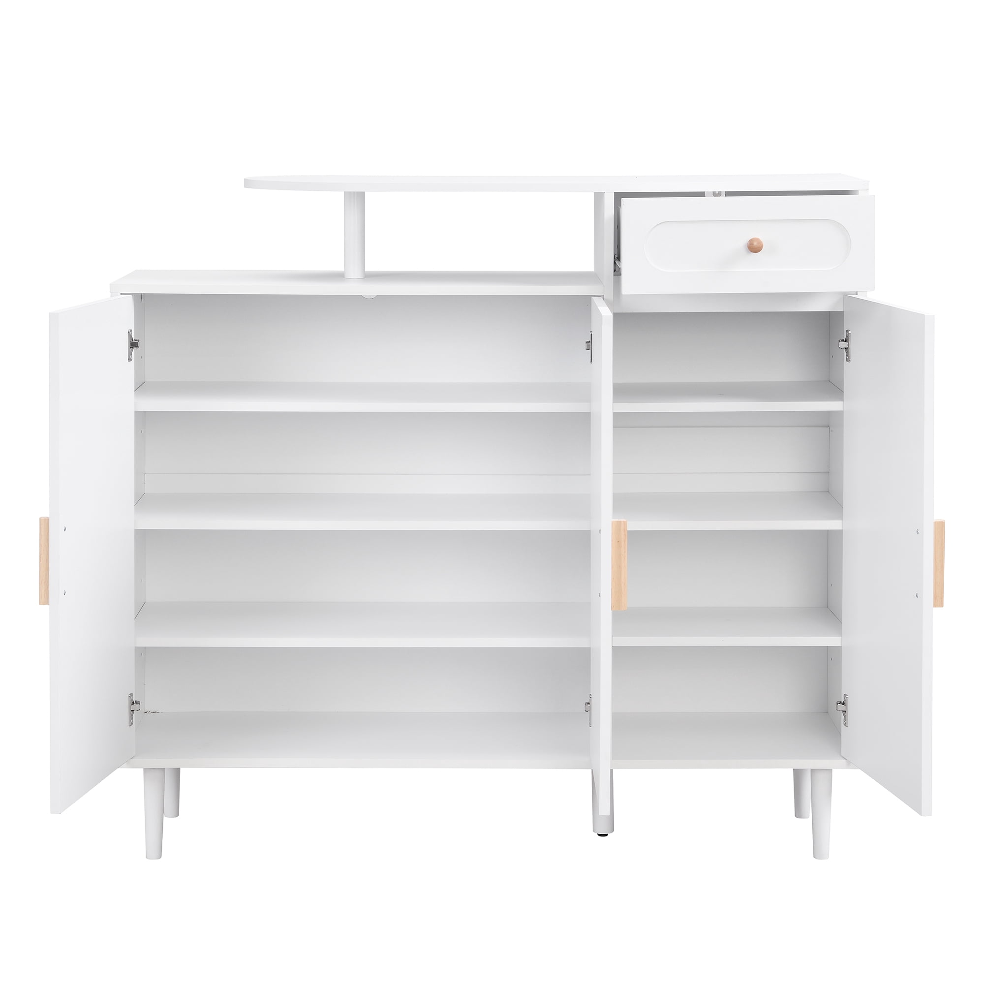 MAYEERTY Elegant Shoe Cabinet with Arched Doors and Drawer, Cream Style Storage Sideboard with Adjustable Shelves and Solid Wood Legs for Entryway, Living Room, White