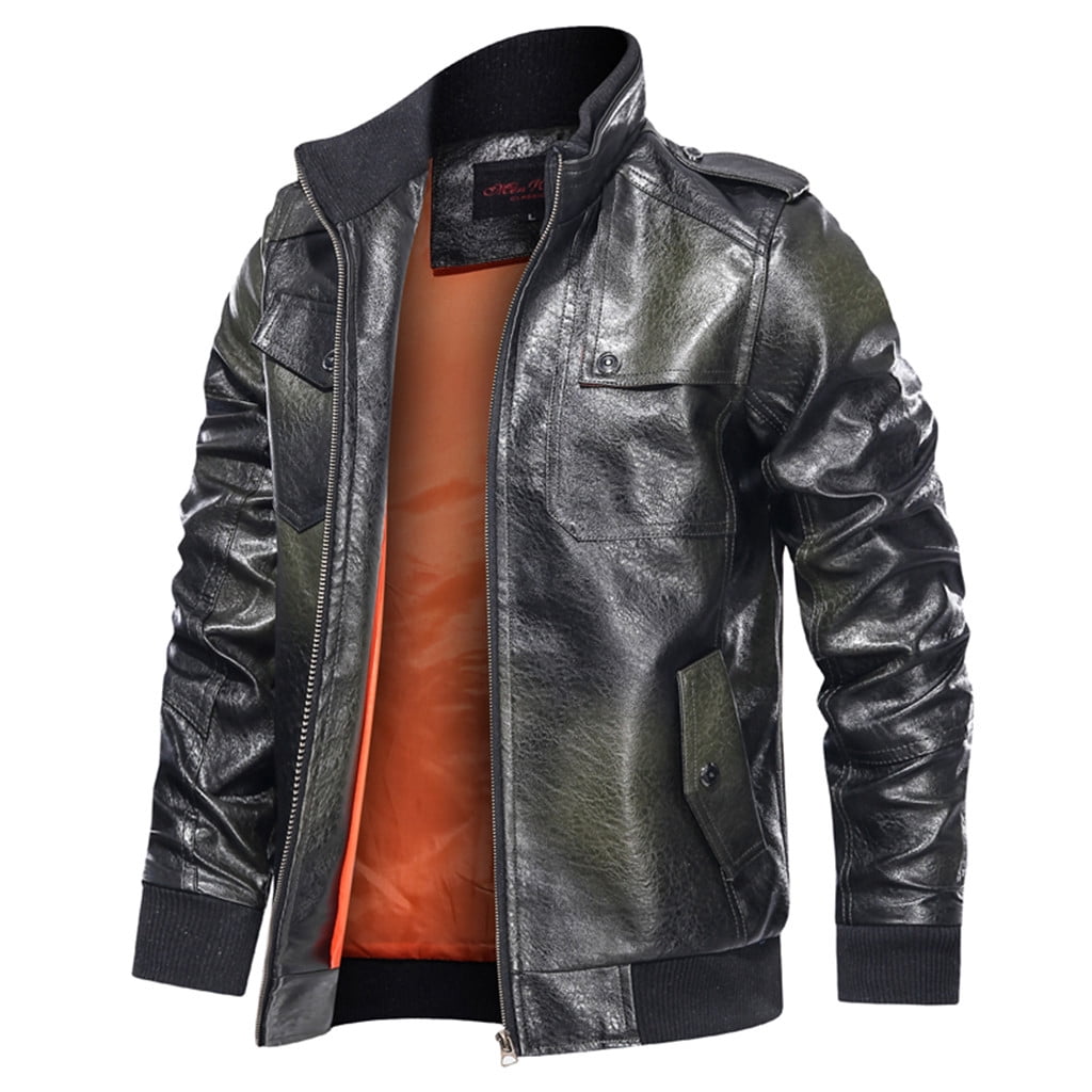 Homenesgenics Men's Leather Jacket Coats Men's Fashion Jacket Pure Color Zipper Stand Collar Imitation Leather Coat Tops