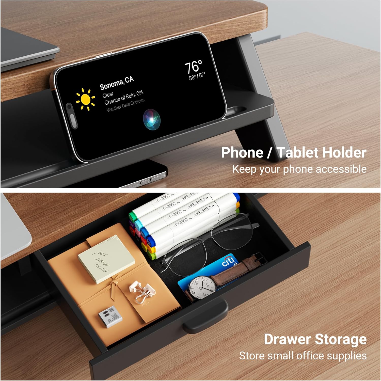 39.4 Inch Dual Monitor Stand with Storage Shelf, 2-Tier Wooden Desk Organizer Riser for Computer, Laptop, Printer and Phone/Tablet