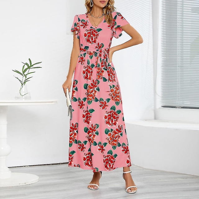 Vestido largo suelto de verano de manga corta con cuello en V para mujer
