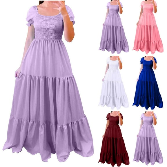 ZZwxWA Spring Summer Dresses for Women Puff Sleeve Square Neck Flowy Smocked Boho Maxi Dress Vintage Tiered Pleated Dresses High Waist A Line Sundress