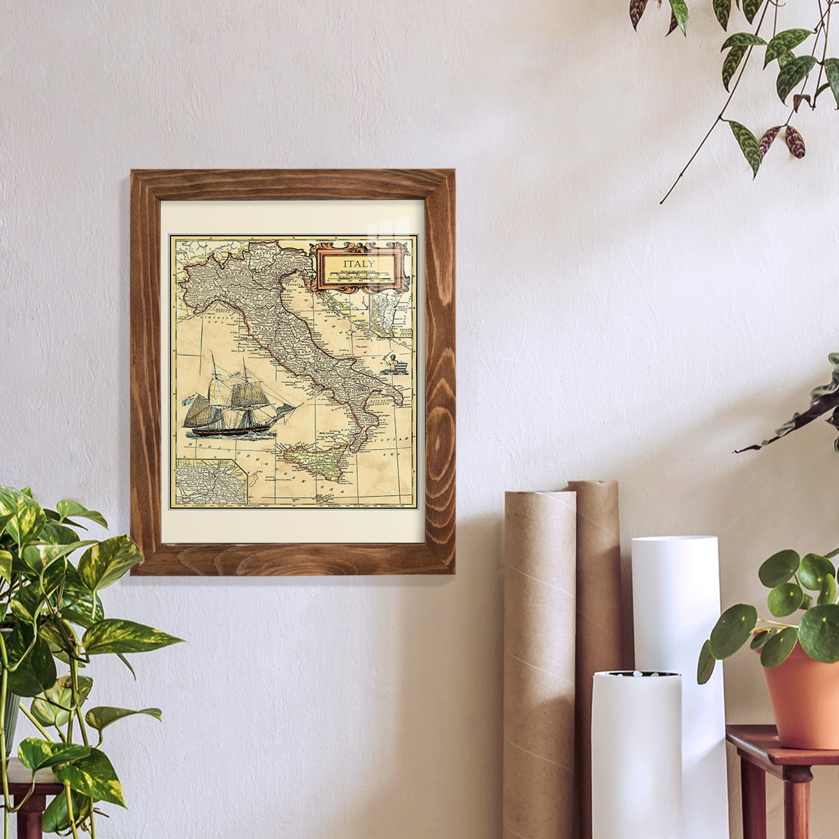 Italy Map -Framed Print w/glass-Walnut
