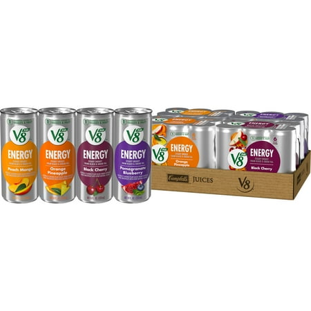 V8 +Energy Peach Mango  Orange Pineapple  Black Cherry and Pomegranate Blueberry Juice Energy Drinks  8 fl oz Can  24 Count (4 Packs of 6)