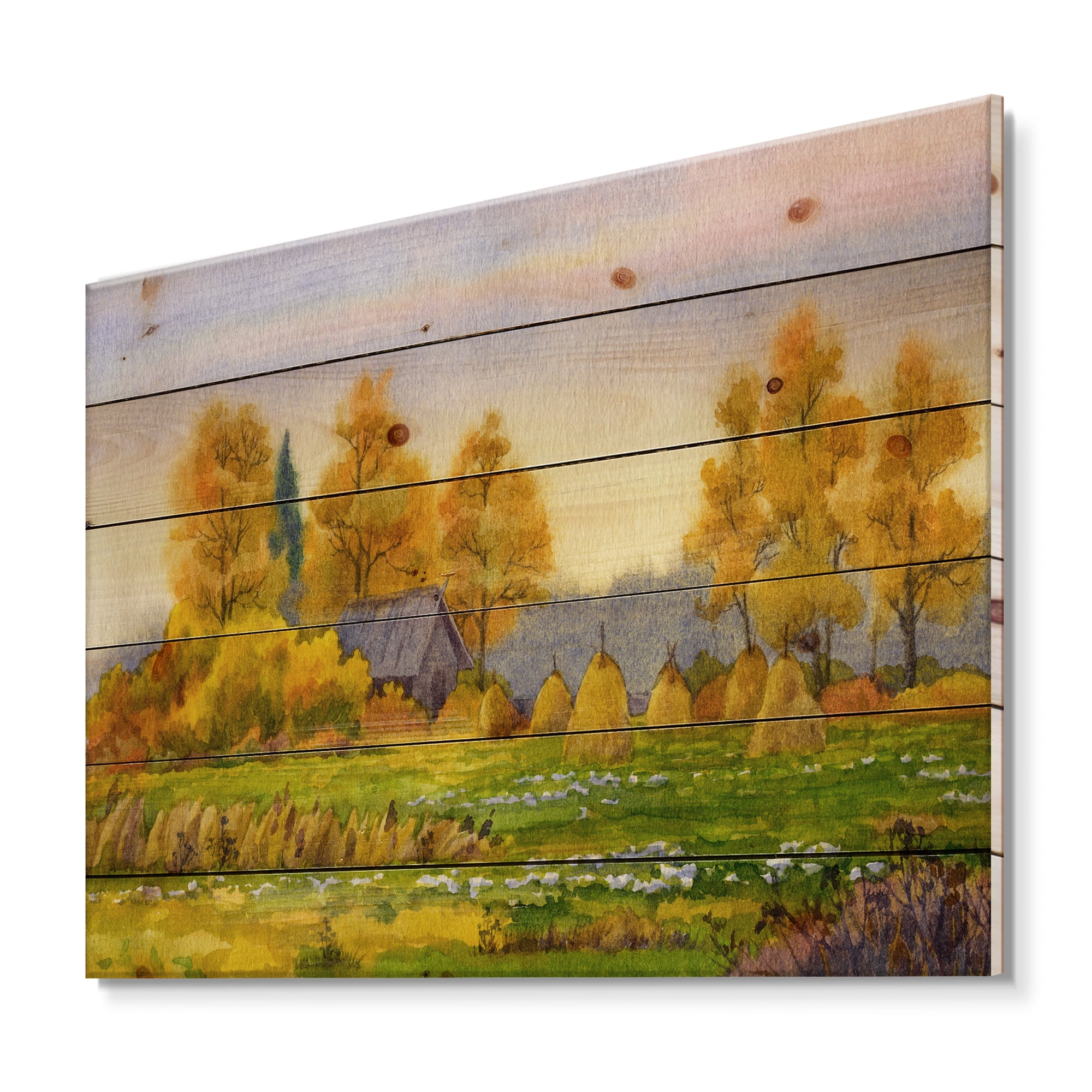 Designart 'Orange Fields With Haystacks II' Lake House Print on Natural Pine Wood