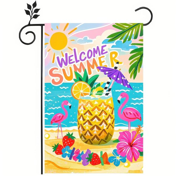 shiyou-Welcome Summer Garden Flag 12x18 Double Sided Flamingo Sunshine Hawaii Tropical Beach Holiday Garden Flags Welcome Summer Tropical Ocean Sea Yard Flag for Seasonal Outdoor Party Decoration