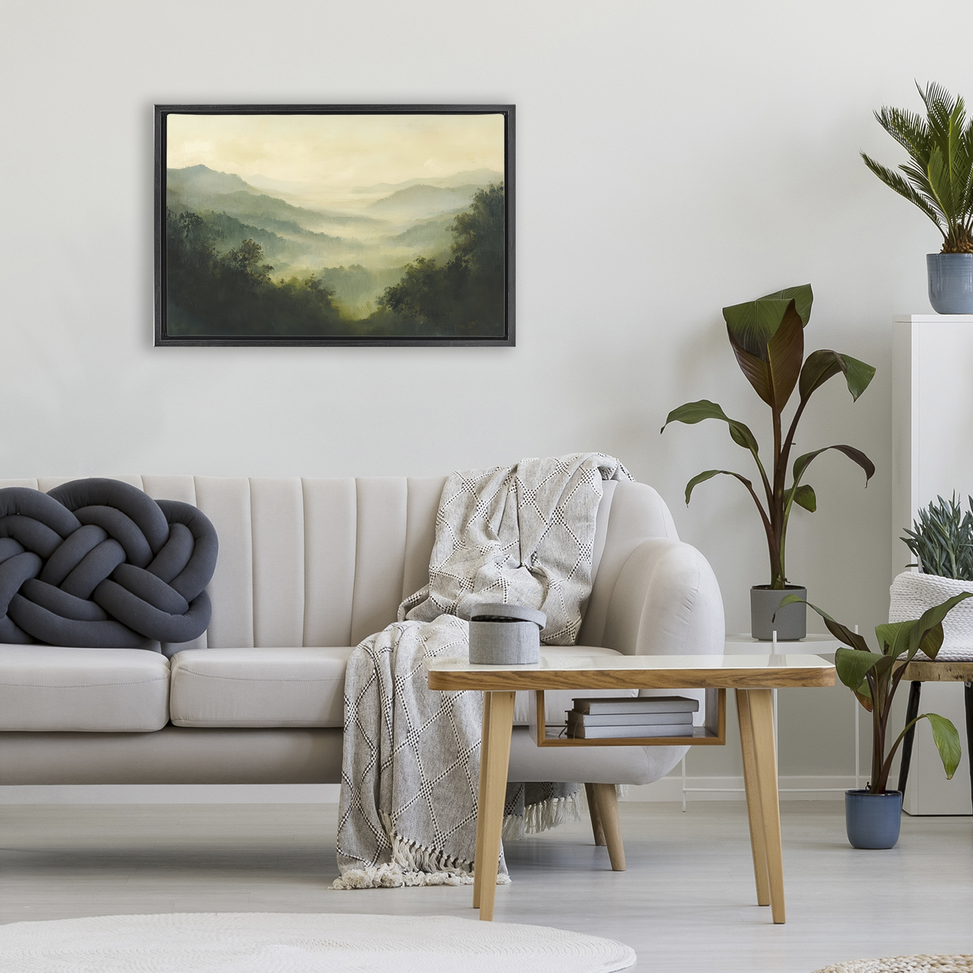 Through The Haze Landscape Black Framed Floater Canvas Wall Art, design by Petal Prints Design