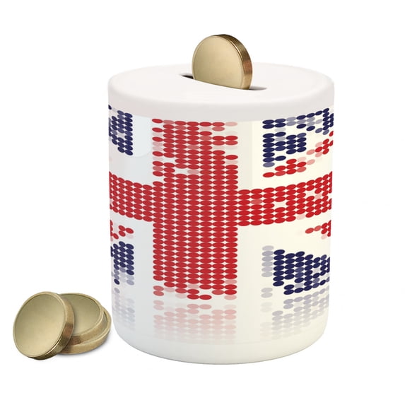 British Piggy Bank, Grunge United Kingdom Flag with Dot Circle Effects National English Display, Ceramic Coin Bank Money Box for Cash Saving, 3.6" X 3.2", White Red Indigo, by Ambesonne