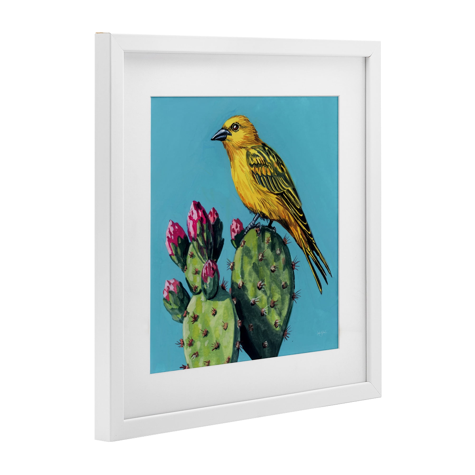 Stupell Industries Yellow Bird on Cacti Bloom White Framed Print Under Glass, design by Kate Jarvik Birch