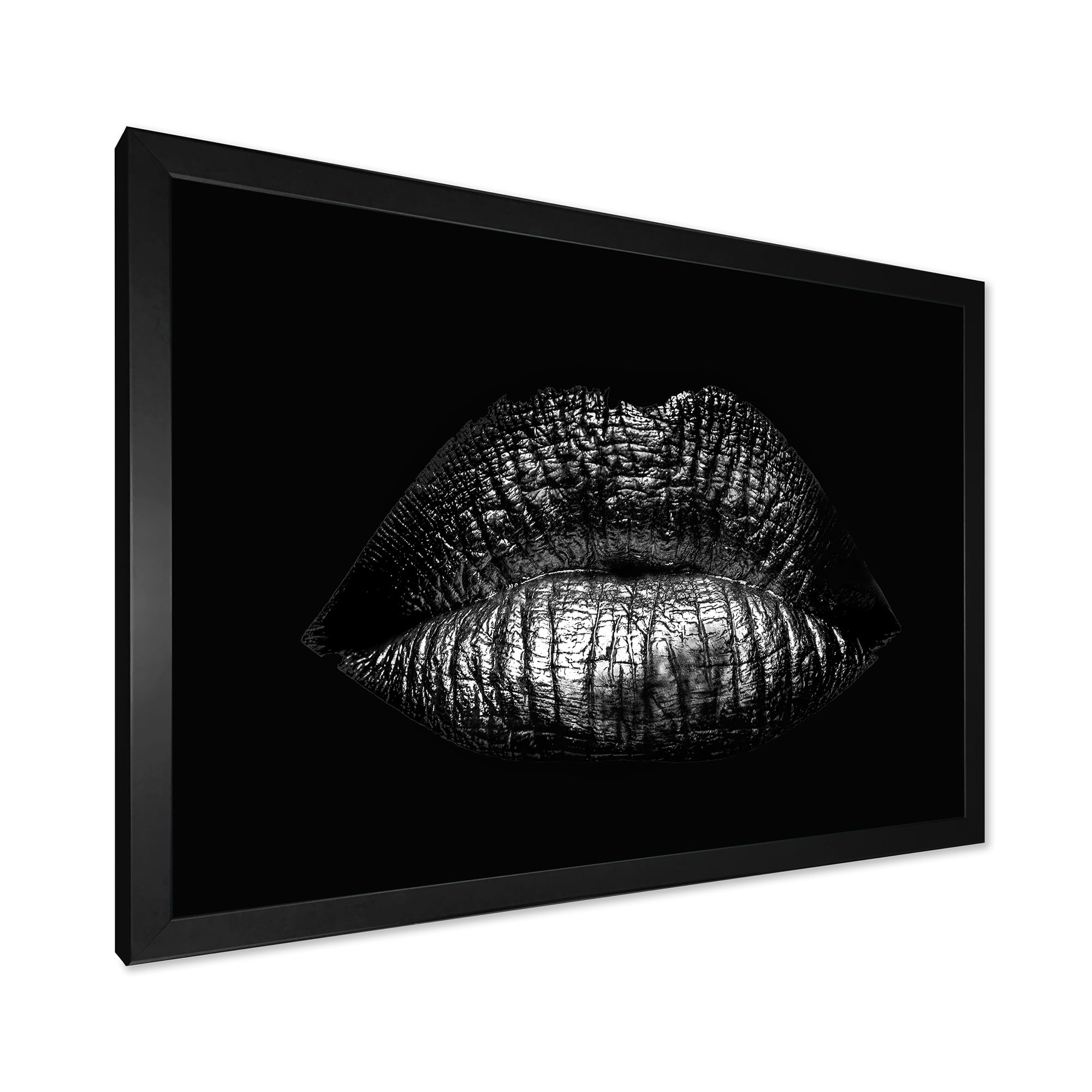 Designart 'Sexy Golden Metallized Woman Lips I' Modern Framed Art Print