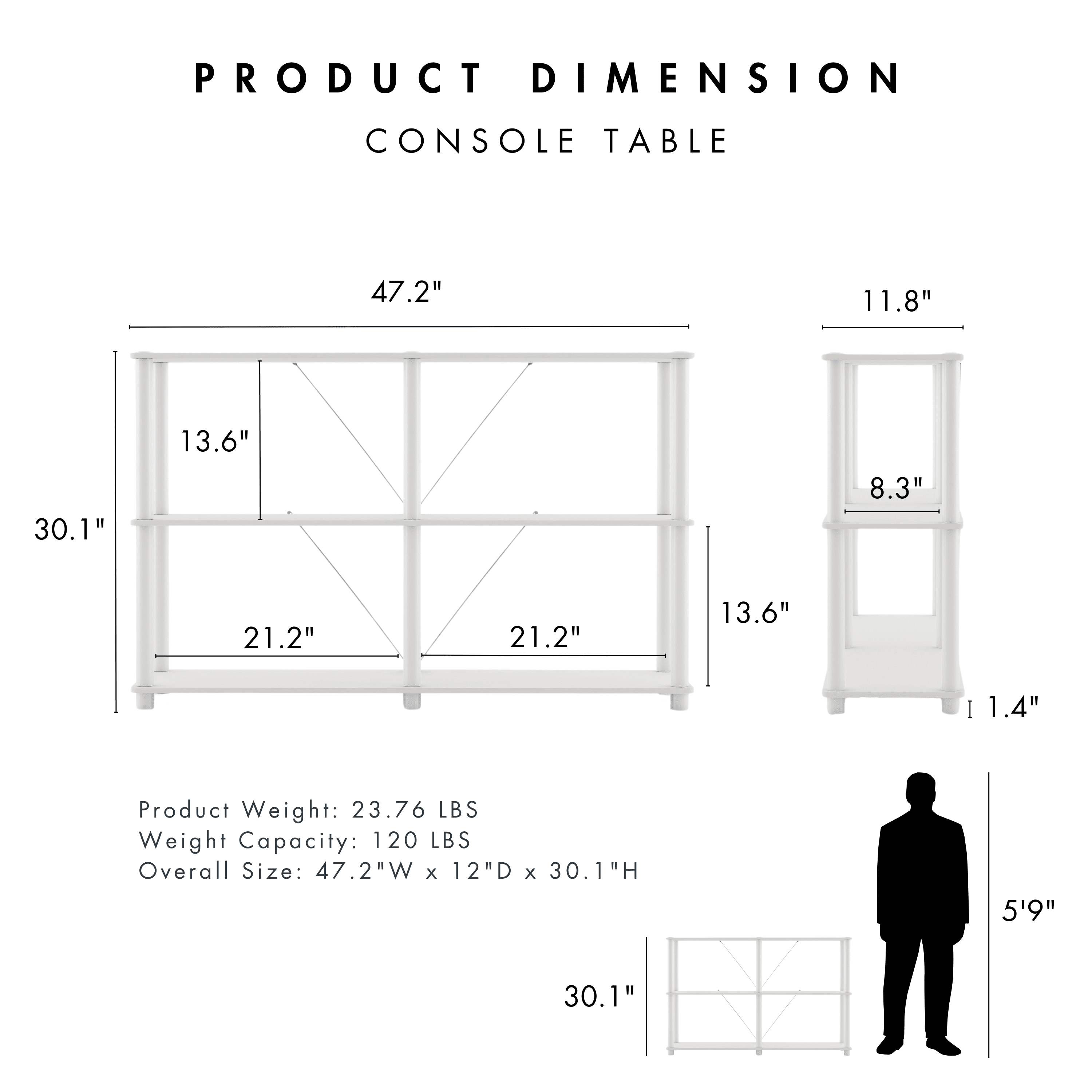 Furniture of America Brooks Adult Open Display Shelf Bookcase, 3-Tier 47-inch Sofa Table, White