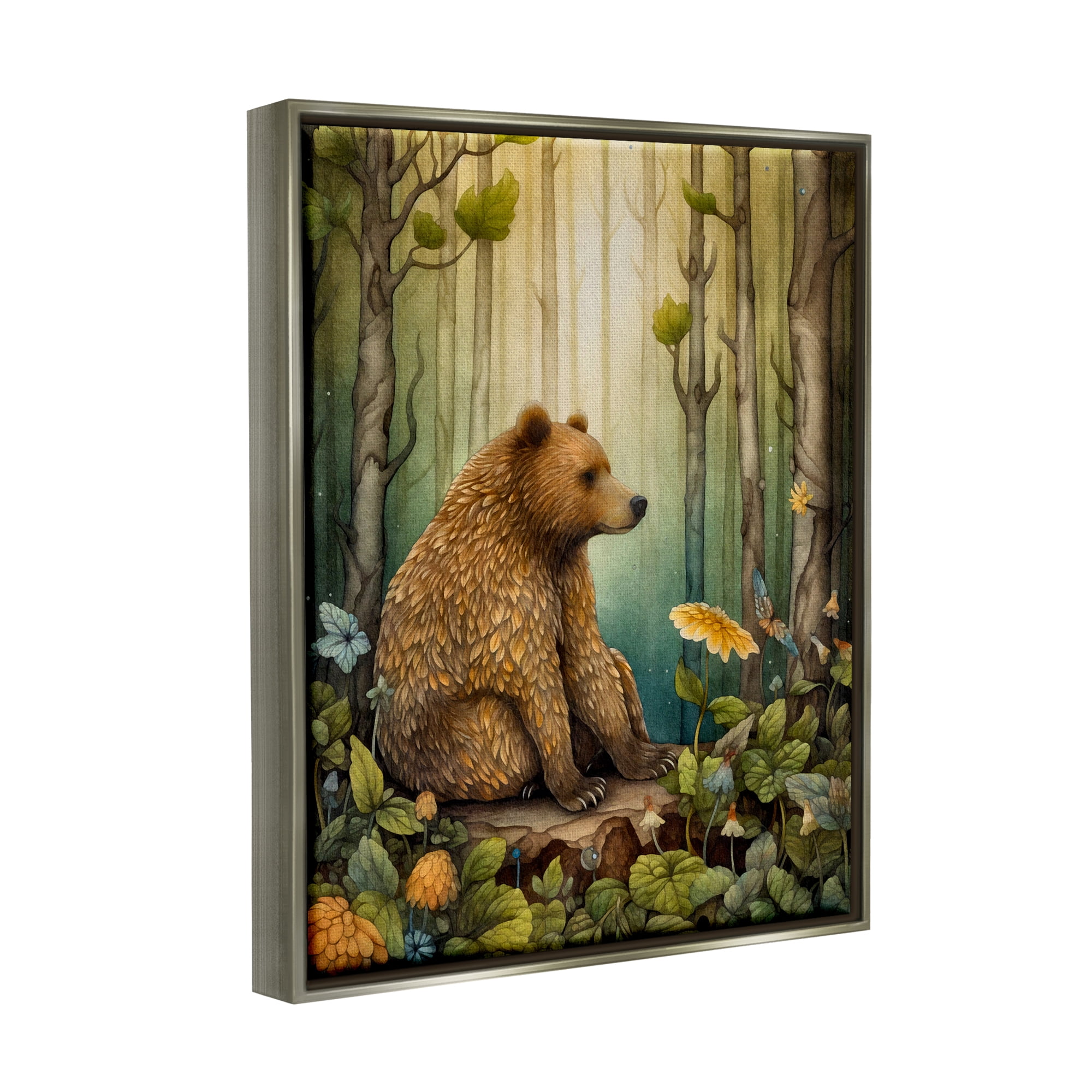 Stupell Industries Bear in Magical Forest Animals & Insects Painting Gray Floater Framed Canvas Art Print Wall Art, 25 x 31