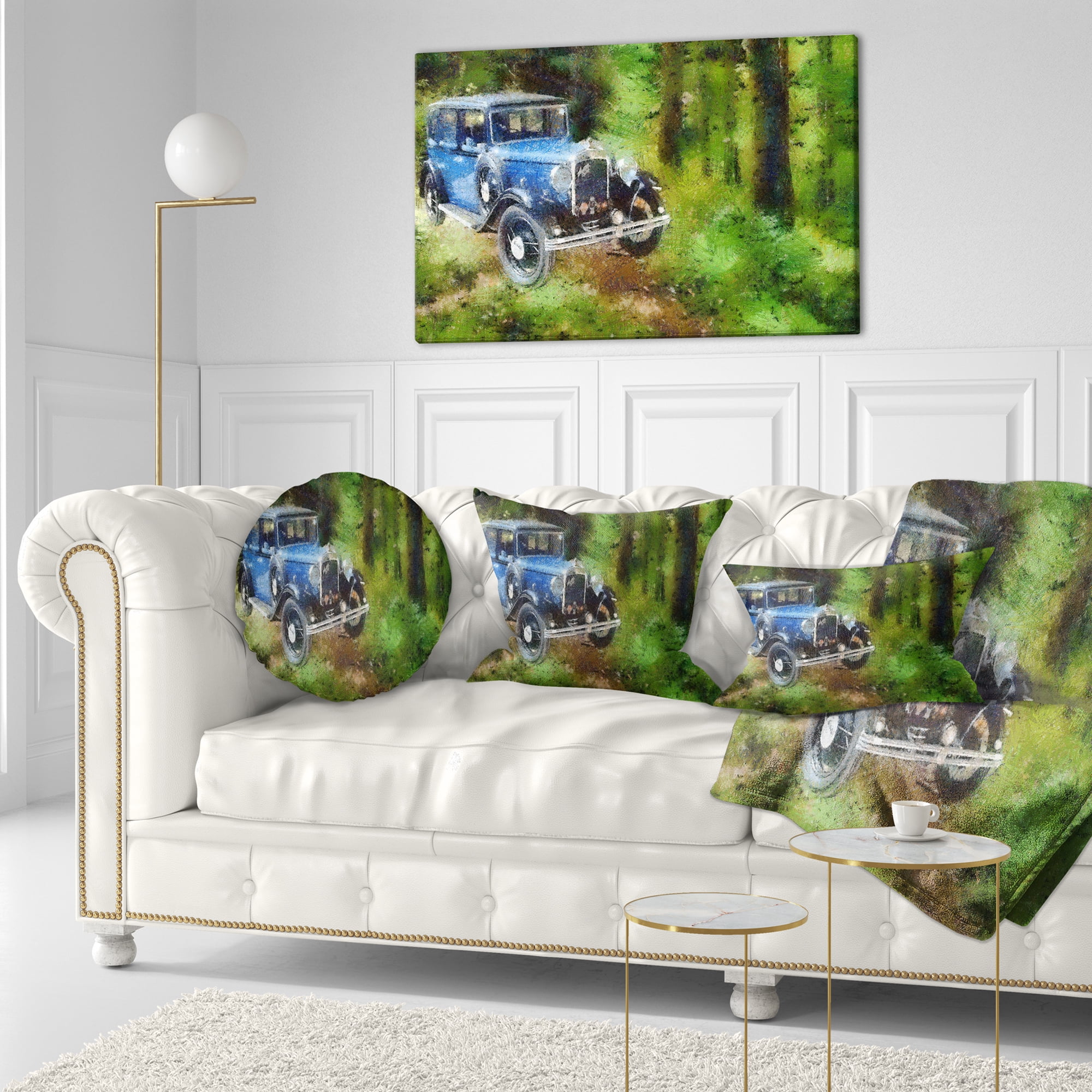 Designart Dark Blue Vintage Car Oil Painting - Car Throw Pillow - 12x20