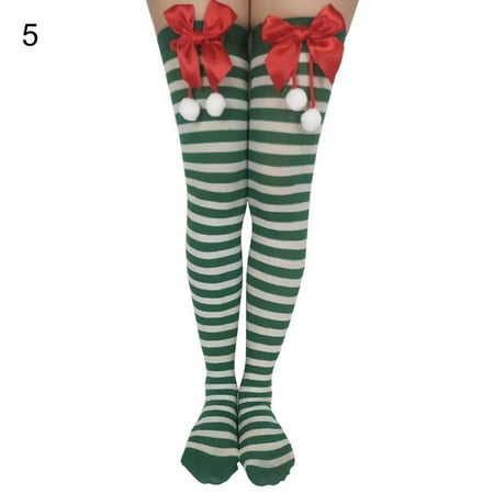 

harmtty Christmas Stockings Thigh High Striped Unisex Bow-knot Stretchy Socks Cosplay Accessories