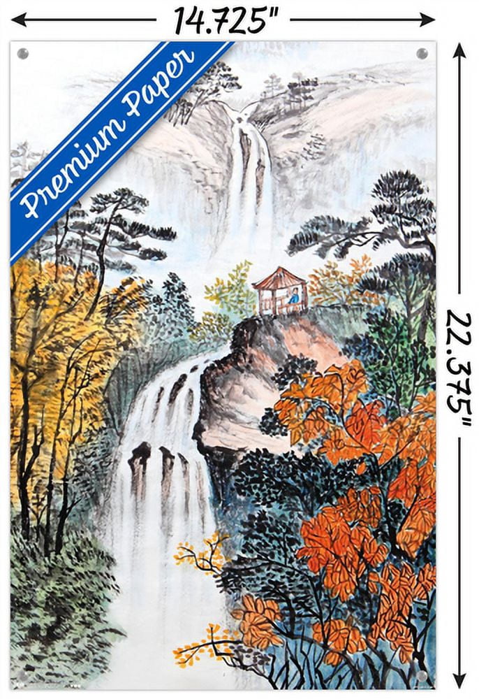 China Landscape with Waterfalls Wall Poster with Push Pins, 14.725" x 22.375"