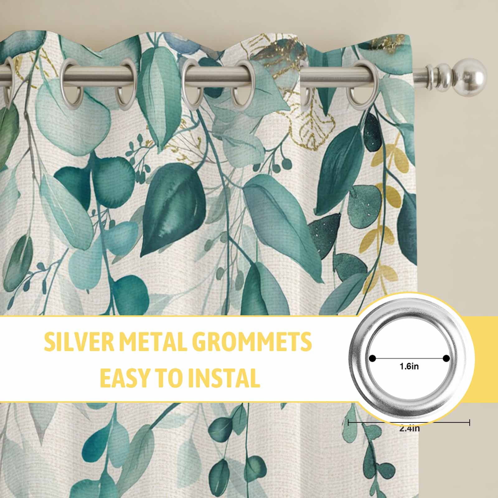2 Panels Kitchen Tier Curtains 39 Inch Length, Teal Green Eucalyptus Grommets Window Treatment Curtain, Farmhouse Weeping Leaves Linen Thermal Curtains Drapes for Living Room/Bathroom