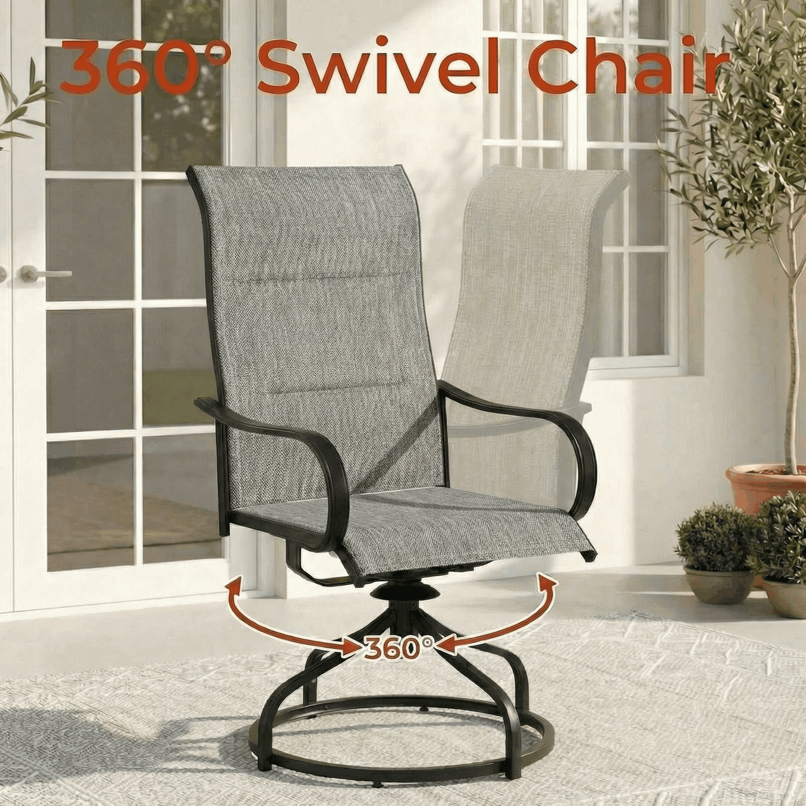 Arlopu Patio Swivel Chair Set of 4, Outdoor Dining Chairs High Back, Padded All Weather Breathable Textilene Outside Furniture Chair, Gray