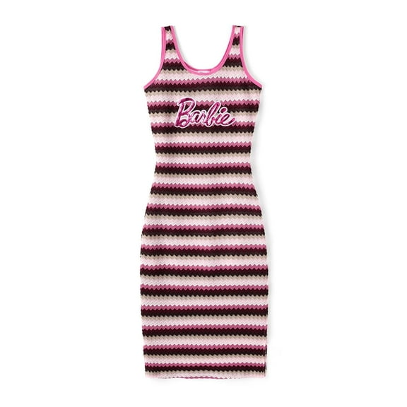 Barbie Women Dresses Pink Embroidered Striped Sleeveless Knitted Summer Midi Bodycon Dress Sizes M