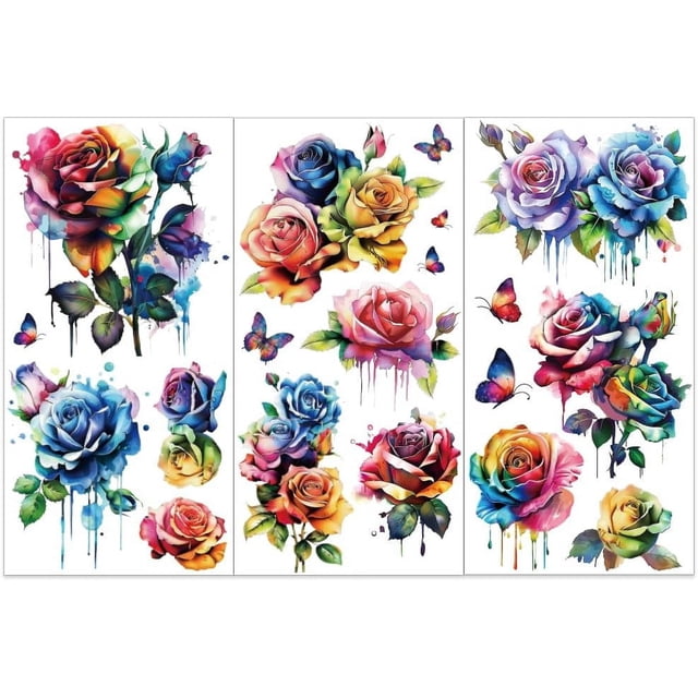 Juego de 3 pegatinas autoadhesivas de rosas de acuarela para manualidades y muebles, de 15 x 30 cm.