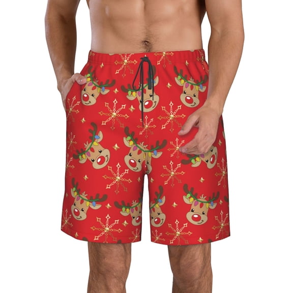 Logiee Christmas With Cute Deer Print Mens Swim Trunks Quick Dry Board Shorts,Breathable Hawaii Beach Shorts Swimwear Bathing Suits-Small