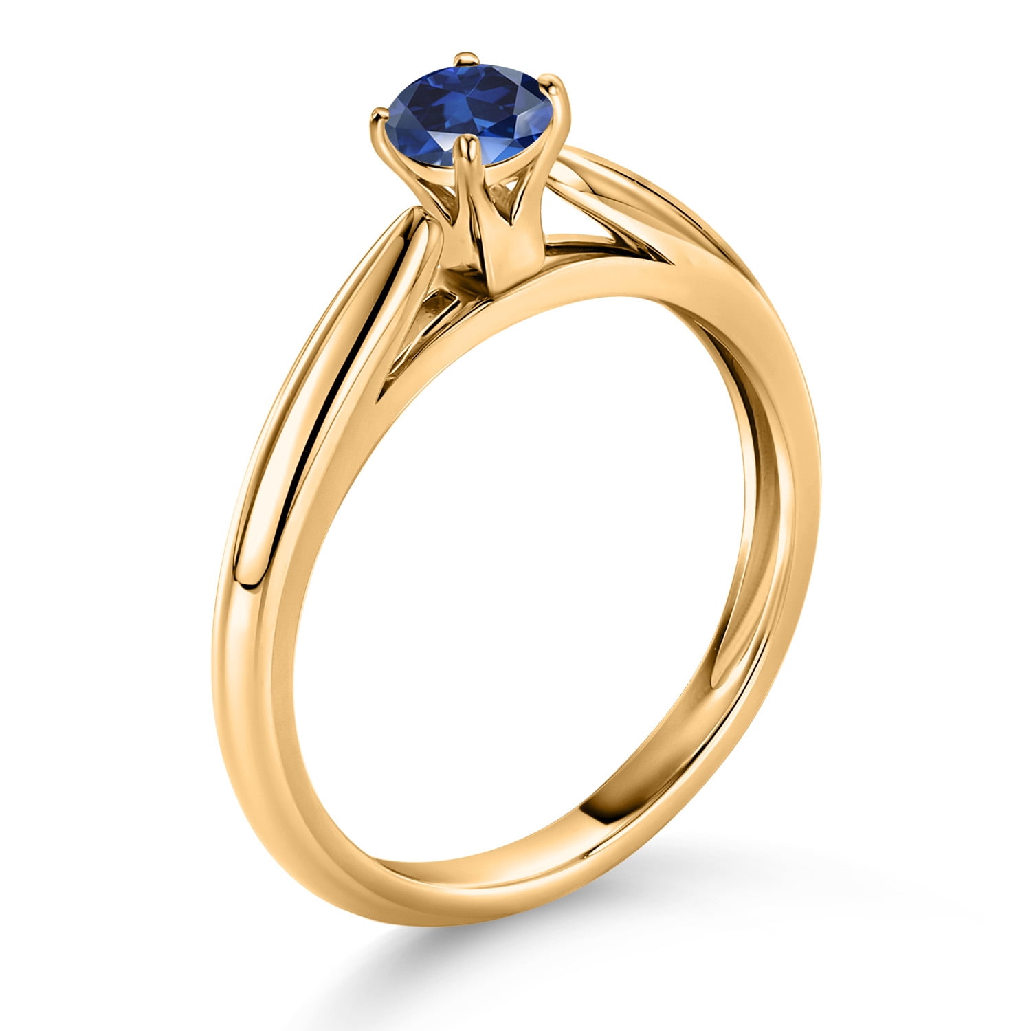 Gem Stone King 10K Yellow Gold Blue Created Sapphire Solitaire Engagement Ring for Women (0.25 Cttw, Gemstone September Birthstone, Round 4MM)