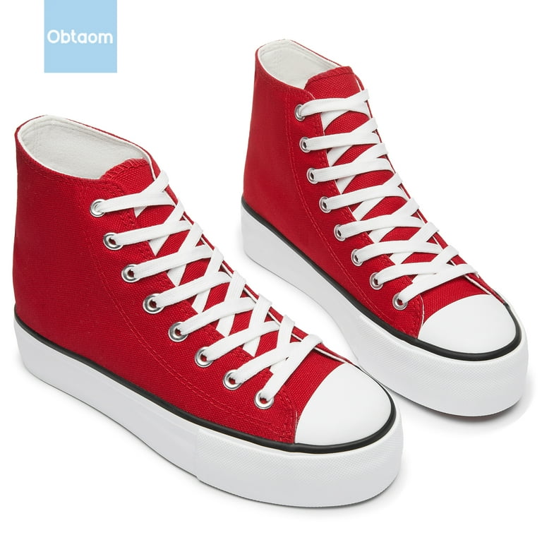 Obtaom Women's Red Platform High Top Canvas Sneakers, Comfy Mid