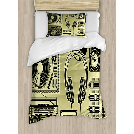 Hip Hop Twin Size Duvet Cover Set, Electronic Music Devices as Turntable Headphones Speaker for Recording, Decorative 2 Piece Bedding Set with 1 Pillow Sham, Pale Yellow and Black, by