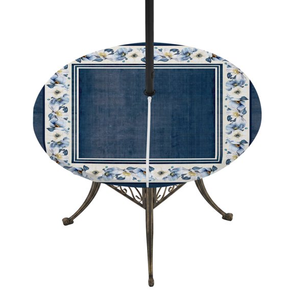 Round Outdoor Tablecloth with Umbrella Hole and Zipper, Navy Blue Spring Floral Tablecloth with Elastic Waterproof, Vintage Elegant Summer Botanical Patio Table Covers for 45" - 54" Pool Tables