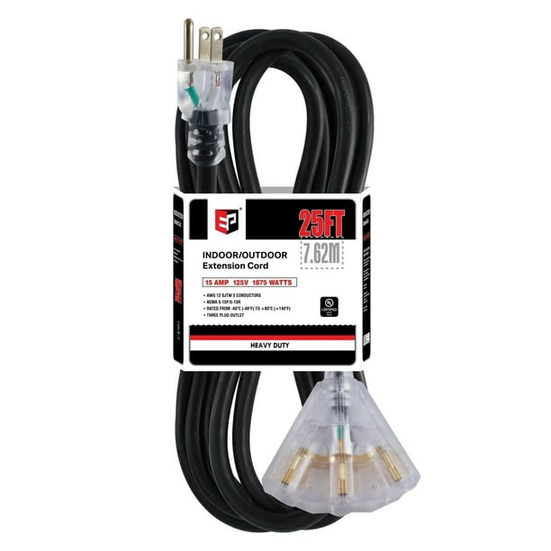 Cable de extensión EP de 25 pies, calibre 12, resistente, 15 A, 125 V, 1875 W
