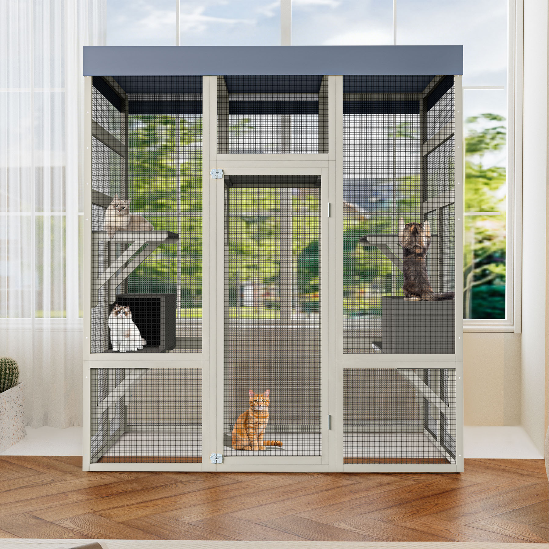 S-HOME Gray Wooden Catio Outdoor Pet House with Waterproof Top, Secure Enclosure with Galvanized Mesh and 2 Napping Boxes