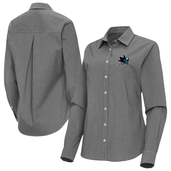 Women's Antigua Black San Jose Sharks Porter Woven Tri-Blend Long Sleeve Button-Up Shirt