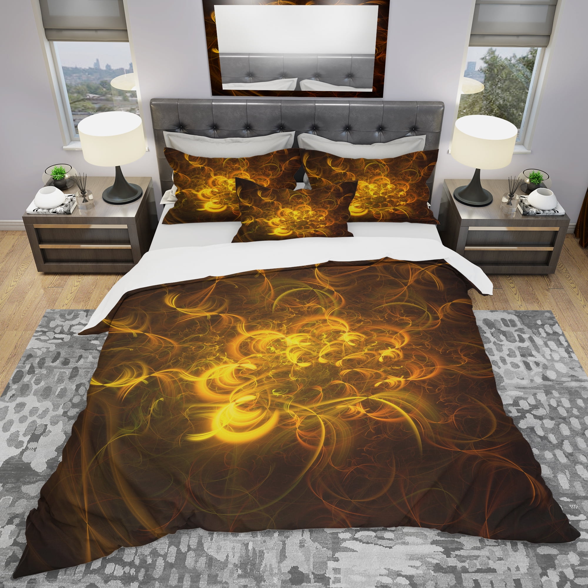 Designart 'Golden Fractal Flower in Dark' Modern & Contemporary Duvet Cover Set