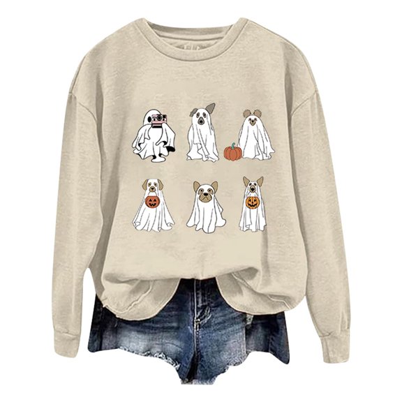 Gunia Women'S Halloween Ghost Sweatshirts Female Dog Lover T Shirt Sweater Casual Long Sleeved Pullover Top Autumn Winter Sweater Fall Fashion Clothes Beige S-2Xl