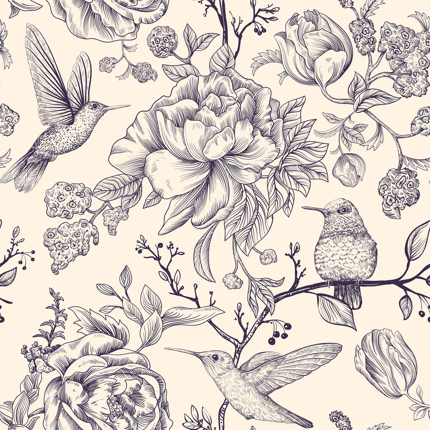Vintage Peonies with Summer Birds Removable Wallpaper 10'L x 24''W -  